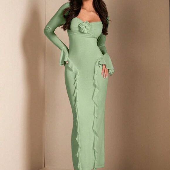 Green Elegant Women's Long Sleeve Floral 3d Decorative Ruffled Dress - Picture 4 of 8